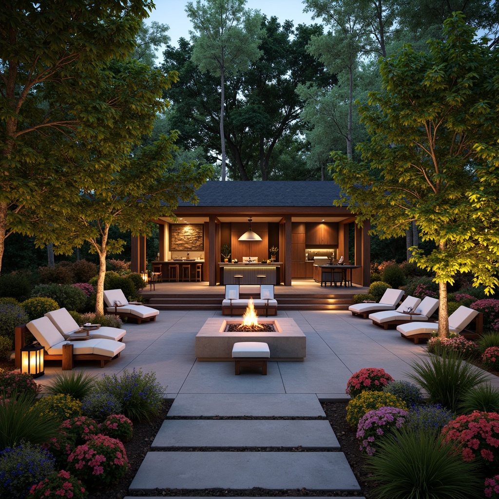 Prompt: Cozy patio, lush greenery, vibrant flowers, comfortable seating areas, wooden decks, lantern lighting, warm fire pit, outdoor kitchen, BBQ grill, rustic stone walls, natural water features, serene ambiance, soft warm lighting, shallow depth of field, 3/4 composition, panoramic view, realistic textures, ambient occlusion.