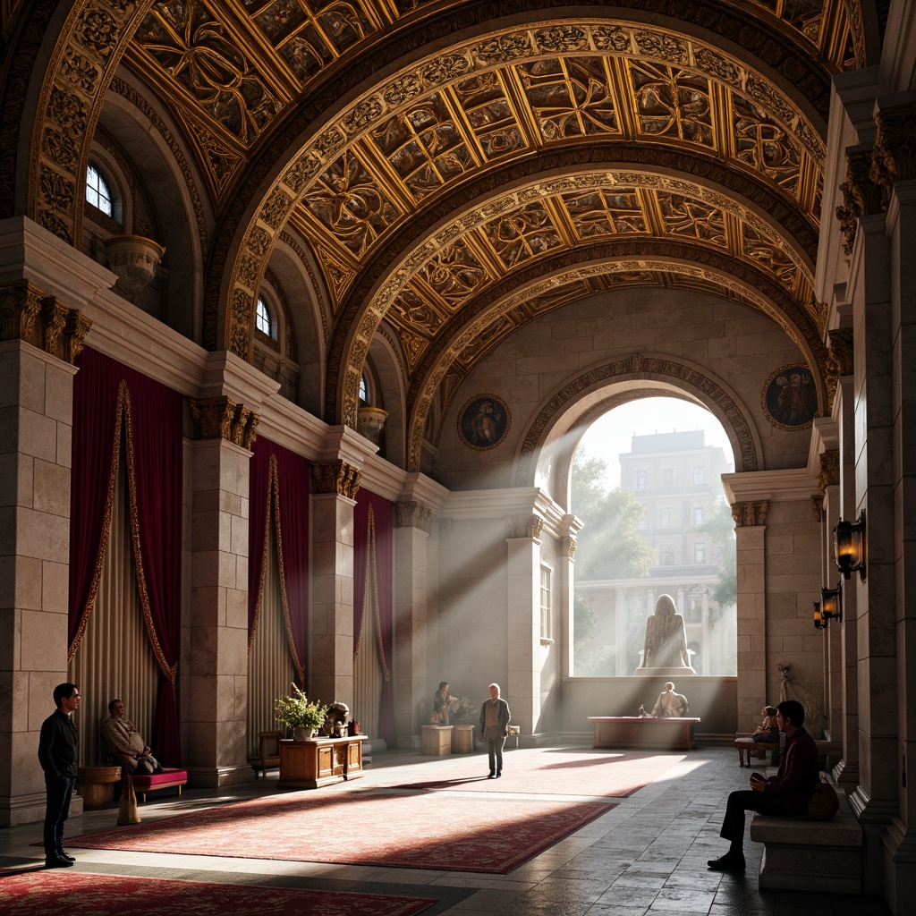 Prompt: Intricate Byzantine arches, ornate golden mosaics, fuchsia-hued domes, richly patterned marble floors, majestic stone columns, lavish velvet drapes, regal throne rooms, mystical iconography, warm candlelight, soft afternoon sunbeams, dramatic chiaroscuro, 1/2 composition, low-angle shot, cinematic lighting, detailed textures, atmospheric fog.