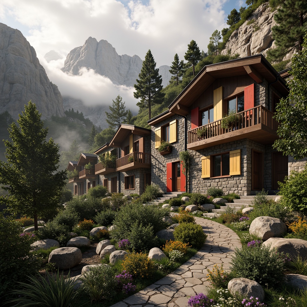 Prompt: Mountainous eclectic homes, rugged stone fa\u00e7ades, asymmetrical rooflines, vibrant multi-colored shutters, whimsical wooden accents, lush greenery, overflowing flower boxes, meandering stone pathways, natural boulder formations, misty foggy mornings, warm golden lighting, dramatic cloud formations, 1/2 composition, low-angle shot, cinematic depth of field, realistic foliage textures, ambient occlusion.Let me know if this meets your requirements!