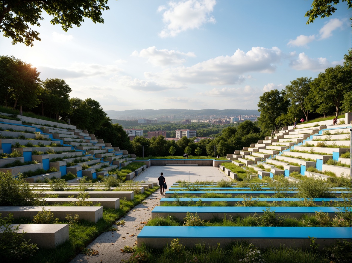 Prompt: Grand amphitheater, tiered seating, comfortable benches, vibrant blue seats, natural stone risers, lush green grassy slopes, panoramic views, distant cityscape, sunny day, warm soft lighting, shallow depth of field, 3/4 composition, realistic textures, ambient occlusion.