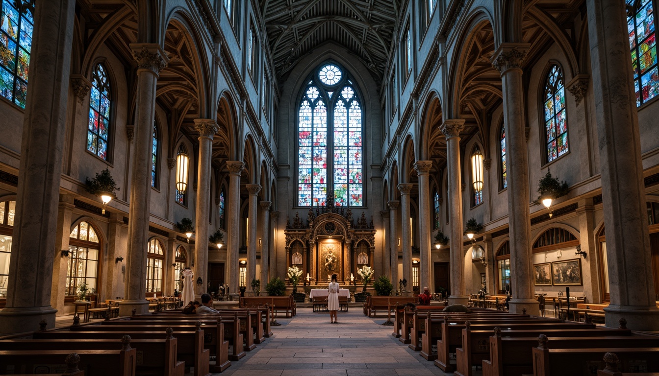 Prompt: Intricate stone carvings, ornate Gothic arches, vibrant stained glass windows, grandiose entrance doors, ribbed vaults, pointed towers, majestic bell towers, ornamental pinnacles, detailed gargoyles, weathered stone walls, moss-covered roofs, serene chapel interior, warm candlelight, soft diffused lighting, shallow depth of field, 1/2 composition, atmospheric perspective, realistic textures, ambient occlusion.Please let me know if this meets your requirements!