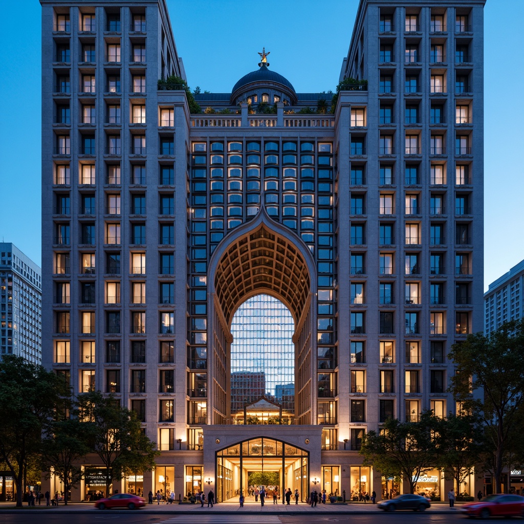 Prompt: Symmetrical building facade, mirrored reflections, identical twin towers, perfect radial balance, ornate geometric patterns, intricately carved stone details, grand central dome, majestic archways, harmonious proportions, bilateral composition, precise grid system, futuristic metallic materials, polished chrome accents, luminous LED lighting, vibrant neon colors, urban cityscape, evening twilight atmosphere, shallow depth of field, 1/1 composition, realistic reflections, ambient occlusion.