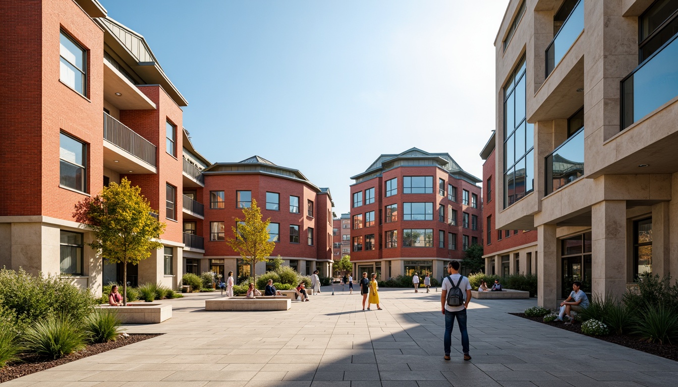 Prompt: Vibrant university campus, modern international style architecture, bold red brick facades, sleek glass accents, creamy white stone columns, warm beige stucco walls, rich dark wood tones, vibrant green roofs, eclectic mix of rectangular and curved lines, dynamic angular shapes, abstract geometric patterns, natural stone walkways, bustling student plaza, lively atmosphere, warm sunny day, soft diffused lighting, shallow depth of field, 3/4 composition, panoramic view, realistic textures, ambient occlusion.