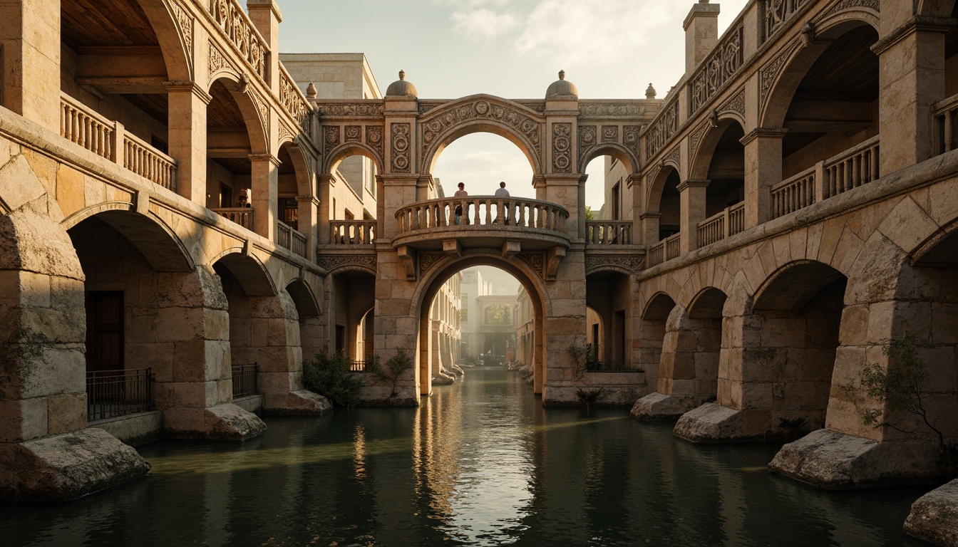 Prompt: Ancient stone bridges, Byzantine architecture, ornate arches, intricately carved stonework, rustic texture, earthy tone, weathered patina, grandiose scale, majestic pillars, ornamental railings, decorative balustrades, symmetrical composition, warm golden lighting, dramatic shadows, atmospheric mist, serene water reflections, natural stone materials, rough-hewn blocks, smooth arches, elegant curves, mystical ambiance, historic significance.