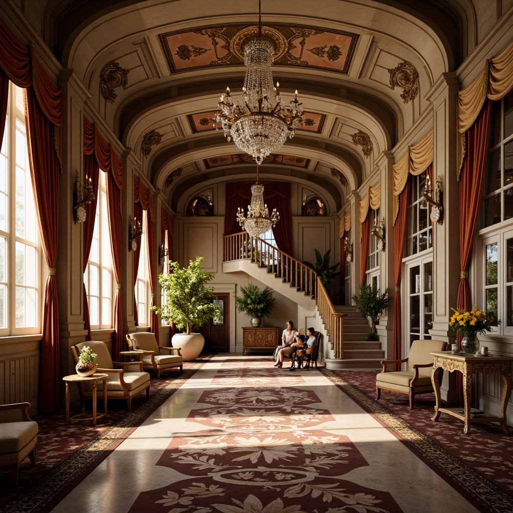 Prompt: Grandiose palace, opulent decorations, intricate stonework, lavish furnishings, sweeping staircases, ornate mirrors, crystal chandeliers, velvet drapes, gilded accents, romanticist ornaments, floral patterns, curved lines, asymmetrical compositions, warm golden lighting, soft focus, 1/1 composition, intimate atmosphere, luxurious materials, rich textures.