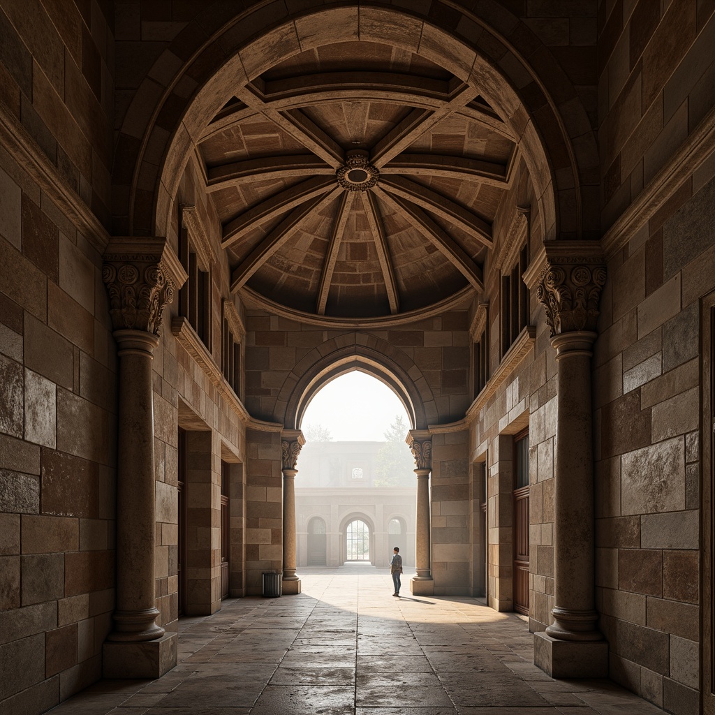 Prompt: Romanesque archway, rustic stone walls, ornate carvings, grand entrance, vaulted ceilings, ribbed domes, intricate moldings, rounded columns, ornamental capitals, warm earthy tones, rich textures, soft diffused lighting, atmospheric mist, dramatic shadows, 1/1 composition, symmetrical framing, realistic renderings, ambient occlusion.