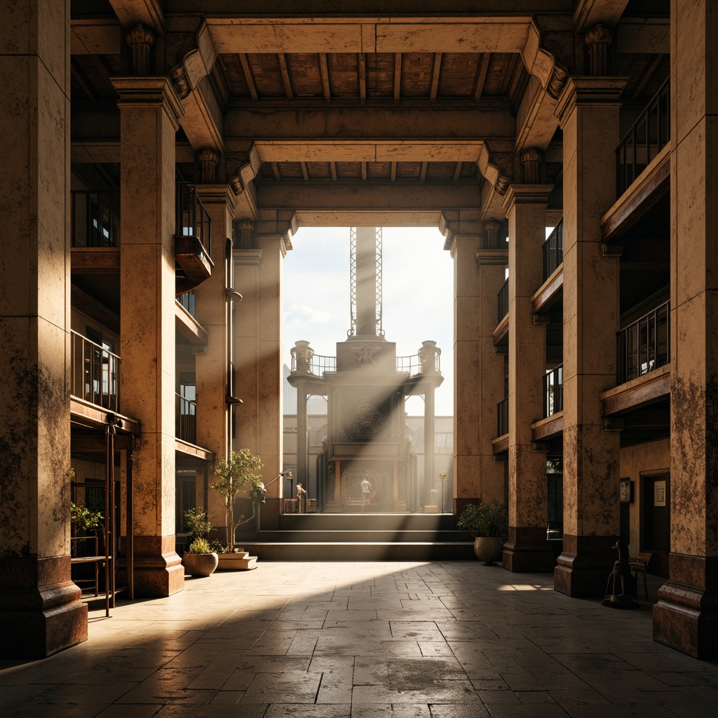 Prompt: Industrial factory backdrop, neoclassical architecture, ornate columns, rusty metal accents, distressed brick walls, vintage machinery, rich wood textures, earthy color palette, muted brown tones, warm beige hues, soft golden lighting, dramatic shadows, atmospheric mist, cinematic composition, symmetrical framing, high contrast ratio, realistic weathering effects, subtle ambient occlusion.