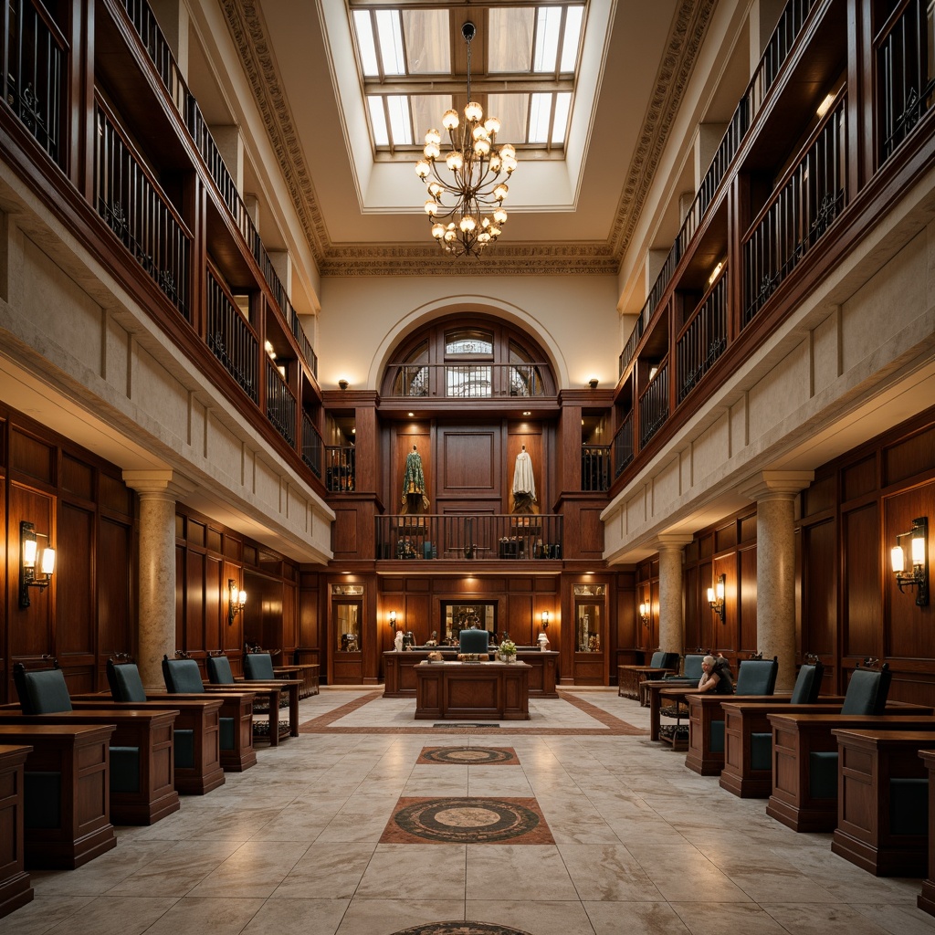 Prompt: Historic courthouse, neoclassical architecture, grand entrance halls, marble floors, wooden paneling, ornate chandeliers, dignified atmosphere, muted color palette, earthy tones, beige walls, rich wood accents, subtle gold details, natural stone columns, solemn judicial chambers, formal law libraries, vaulted ceilings, traditional furnishings, warm soft lighting, 1/2 composition, shallow depth of field, realistic textures, ambient occlusion.