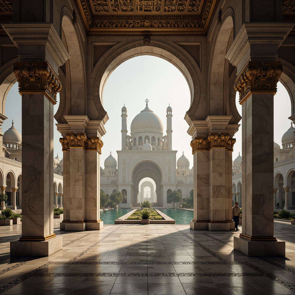 Prompt: Grand archways, ornate bridge structures, Byzantine-inspired architecture, intricate stone carvings, majestic domes, golden accents, ornamental columns, grandiose entrance gates, water reflections, misty atmosphere, soft warm lighting, shallow depth of field, 3/4 composition, panoramic view, realistic textures, ambient occlusion.