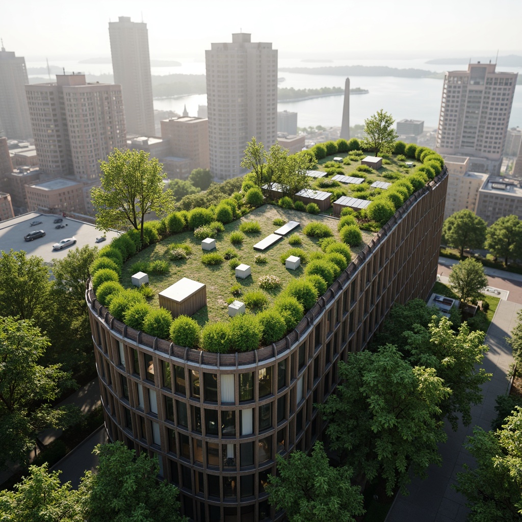 Prompt: Green roof, lush vegetation, rainwater harvesting system, solar panels, wind turbines, eco-friendly materials, natural ventilation, large windows, minimal carbon footprint, sustainable architecture, modern fa\u00e7ade design, energy-efficient systems, organic curves, living walls, urban garden, cityscape view, soft natural lighting, shallow depth of field, 3/4 composition, panoramic view, realistic textures, ambient occlusion.