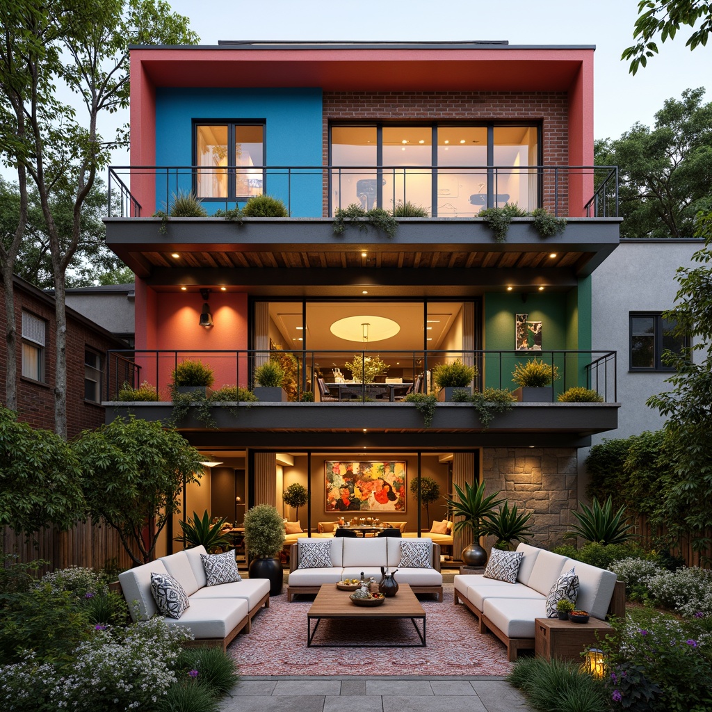 Prompt: Vibrant eclectic residential exterior, bold color blocking, contrasting textures, mixed materials, ornate metalwork, distressed wood accents, vintage decorative elements, lush greenery, overflowing flower boxes, rustic stone walls, modern sleek lines, asymmetrical facades, abstract art pieces, whimsical sculptures, warm golden lighting, cozy ambiance, inviting outdoor seating areas, eclectic furniture, patterned rugs, richly upholstered furnishings, statement wallpaper, bold geometric patterns, natural material palettes, earthy tones, pop of bright colors.