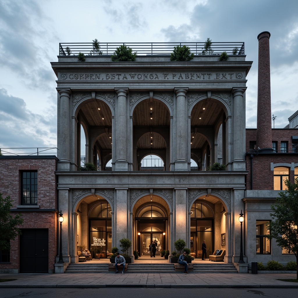 Prompt: Industrial factory building, neoclassical fa\u00e7ade design, ornate columns, rusticated stone walls, grand entrance arches, symmetrical composition, large windows, metal roof trusses, industrial chic aesthetic, exposed brickwork, distressed textures, urban landscape, cloudy sky, dramatic lighting, deep depth of field, 1/2 composition, cinematic view, realistic materials, ambient occlusion.