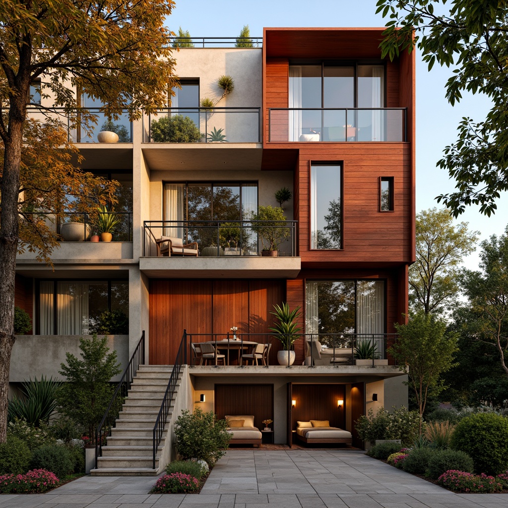 Prompt: Vibrant residential facade, eclectic mix of materials, rich wood accents, bold brick reds, soft creamy whites, warm earthy tones, lush greenery, ornate metal details, decorative ceramics, intricate stone carvings, grand entranceways, sweeping staircases, plush furnishings, cozy reading nooks, abundant natural light, warm golden lighting, shallow depth of field, 2/3 composition, artistic close-ups, realistic textures, ambient occlusion.