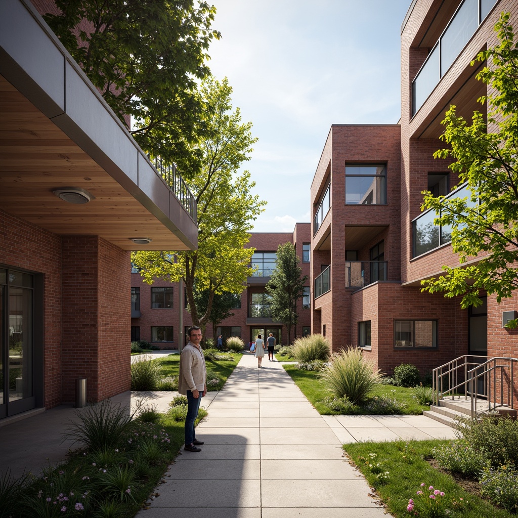 Prompt: Rustic brick walls, smooth concrete floors, wooden accents, metallic railings, glass roofs, modern minimalist lines, international style architecture, vibrant greenery, blooming flowers, natural stone pathways, educational signage, campus buildings, open courtyard spaces, shaded outdoor areas, soft warm lighting, shallow depth of field, 3/4 composition, realistic textures, ambient occlusion.