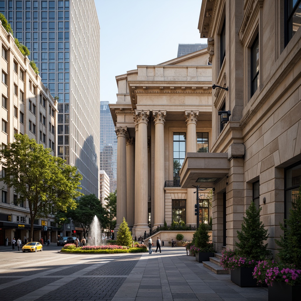 Prompt: Grandiose neoclassical buildings, ornate facades, ionic columns, symmetrical compositions, rusticated stone walls, decorative cornices, subtle arches, grand entranceways, urban cityscape, bustling streets, vibrant streetlife, modern skyscrapers, contrasting old and new, warm sunny day, soft natural lighting, shallow depth of field, 2/3 composition, pedestrian-friendly sidewalks, ornamental fountains, lush greenery, vibrant flowers, realistic textures, ambient occlusion.