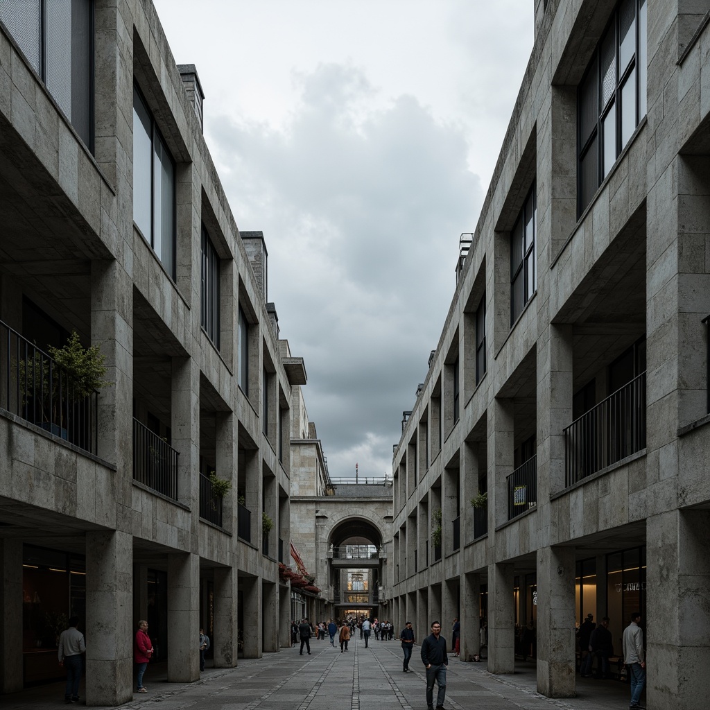 Prompt: Raw concrete textures, brutalist architecture, fortress-like buildings, rugged stone walls, industrial metal frames, exposed ductwork, minimal ornamentation, monolithic structures, urban cityscape, overcast sky, dramatic shadows, high-contrast lighting, cinematic composition, 2.35