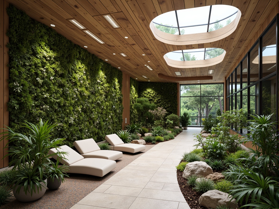 Prompt: Nature-inspired office building, abundant green walls, living plants, reclaimed wood accents, natural stone flooring, earthy color palette, organic shapes, curved lines, plenty of natural light, clerestory windows, skylights, wooden ceiling beams, biophilic architecture, sustainable materials, energy-efficient systems, minimalist decor, subtle textures, warm ambiance, soft diffused lighting, shallow depth of field, 3/4 composition, realistic rendering.