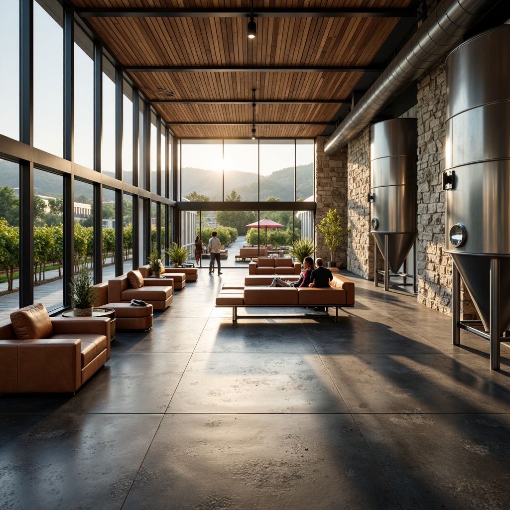 Prompt: Luxurious winery, high-tech architecture, sleek metal accents, polished concrete floors, minimalist chic decor, modern fermentation tanks, stainless steel equipment, glass walls, natural stone facades, vineyard views, rolling hills, sunny afternoon, soft warm lighting, shallow depth of field, 3/4 composition, panoramic view, realistic textures, ambient occlusion, industrial pipes, metallic ladders, rustic wood accents, premium leather furniture, sophisticated color scheme, subtle grape pattern motifs.