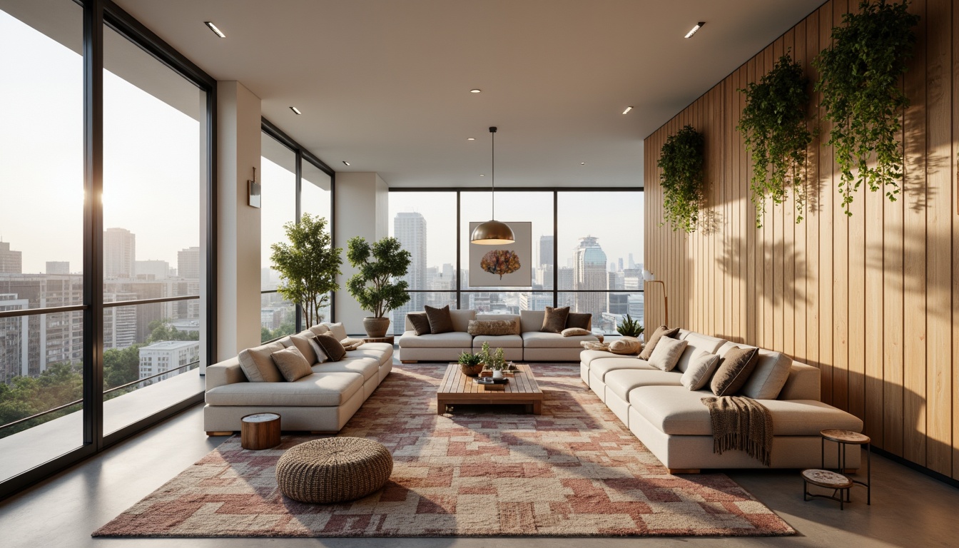 Prompt: Minimalist living room, sleek furniture, natural wood accents, floor-to-ceiling windows, urban cityscape views, soft warm lighting, cozy throw blankets, modern art pieces, geometric patterns, plush area rugs, industrial-chic decor, metallic tones, open-plan layout, functional storage solutions, greenery installations, calming color palette, 1/1 composition, shallow depth of field, realistic textures, ambient occlusion.