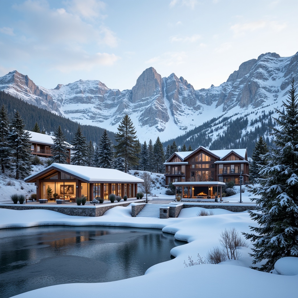 Prompt: Snow-capped mountain peaks, frosty pine trees, icy lakes, rugged stone walls, wooden ski lodges, modern minimalist architecture, sloping roofs, large windows, cozy fireplaces, warm rustic lighting, snowflake patterns, frozen waterfalls, winter sports equipment, ski lifts, chairlifts, snowy trails, frozen ponds, icy cliffs, frosty mornings, soft misty atmosphere, 1/2 composition, shallow depth of field, realistic textures.