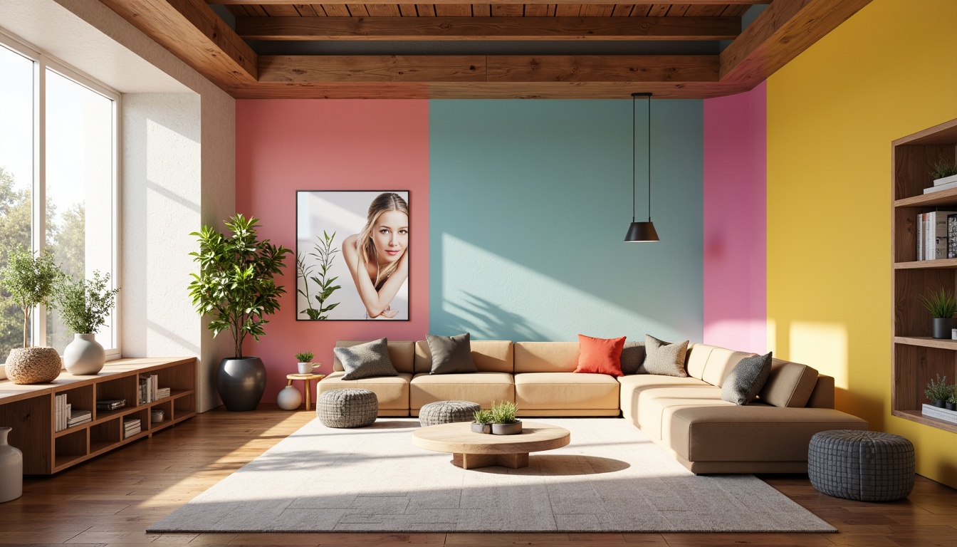 Prompt: Vibrant modern interior, bold accent walls, pastel hues, monochromatic scheme, contrasting textures, metallic finishes, sleek lines, minimal ornamentation, natural light pouring, soft warm ambiance, 1/1 composition, shallow depth of field, realistic reflections, ambient occlusion.