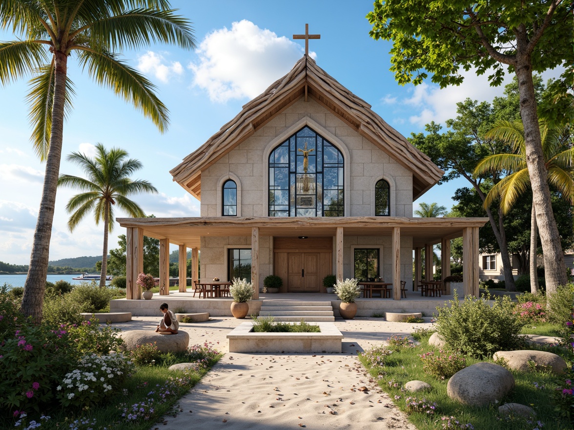 Prompt: Seaside coastal church, driftwood accents, weathered stone walls, nautical-themed decorations, stained glass windows, soft ocean breeze, serene natural surroundings, lush greenery, blooming flowers, sandy pathways, beachy landscaping, seaside benches, ornate crucifixes, spiritual sculptures, calming color palette, gentle lighting, shallow depth of field, 1/1 composition, realistic textures, ambient occlusion.