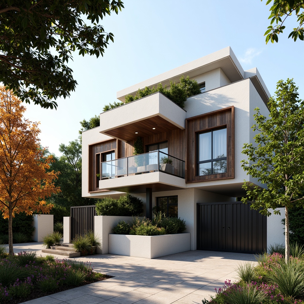 Prompt: Luxurious modern villa, sleek exterior walls, weathered wood accents, metallic roof tiles, glass balconies, ornate iron railings, grand entrance gates, lush greenery surroundings, mature trees, vibrant blooming flowers, warm sunny day, soft natural lighting, 1/1 composition, shallow depth of field, realistic textures, ambient occlusion.