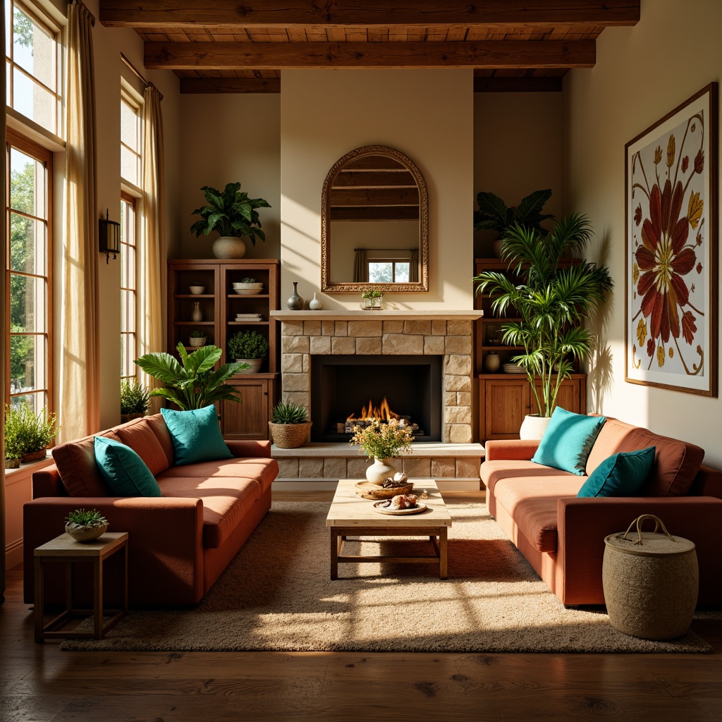 Prompt: Cozy living room, warm beige walls, rich wood accents, plush velvet furniture, soft golden lighting, comfortable seating areas, vibrant turquoise decorative pillows, natural stone fireplace, earthy brown rug, lush green plants, calming atmosphere, inviting ambiance, 1/2 composition, soft focus, warm color temperature, realistic textures.