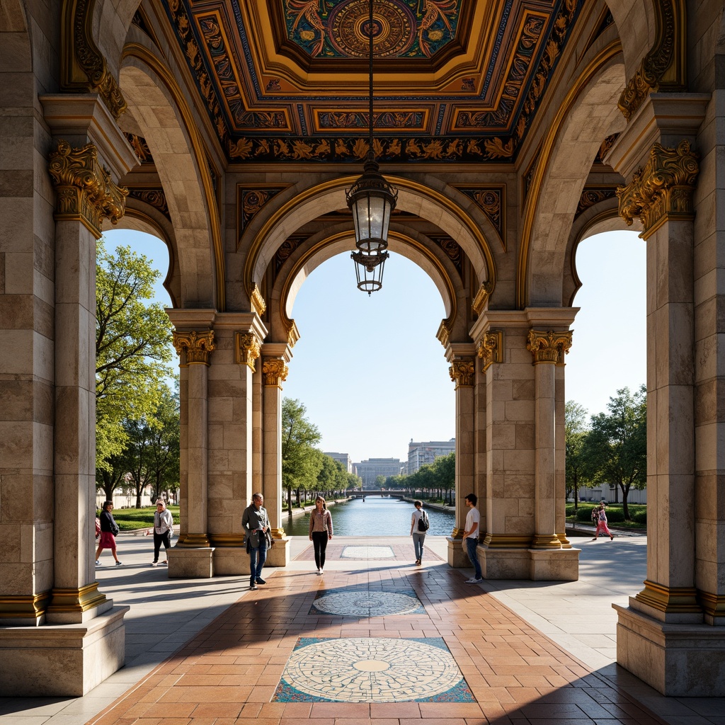 Prompt: Intricate stone carvings, ornate metalwork, golden accents, majestic arches, grandiose columns, vibrant mosaic patterns, richly colored tiles, ornamental lanterns, regal pedestrian walkways, picturesque river views, serene natural surroundings, warm afternoon sunlight, soft diffused lighting, 3/4 composition, symmetrical framing, realistic textures, ambient occlusion.