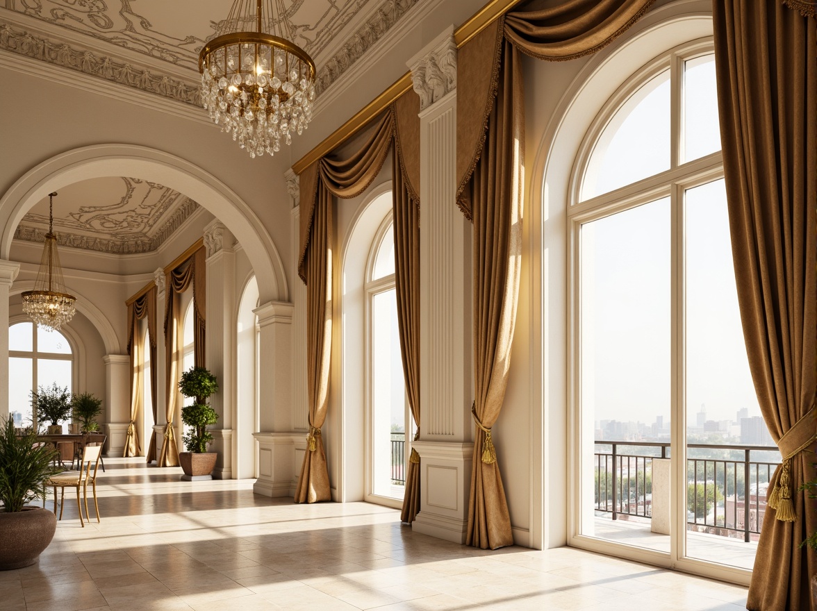 Prompt: Elegant neoclassical architecture, soft warm beige, rich creamy whites, muted earthy tones, subtle golden accents, ornate moldings, intricate carvings, grand columns, sweeping arches, refined stucco textures, luxurious velvet drapes, ornamental gilded frames, majestic crystal chandeliers, morning natural light, soft focus, 1/2 composition, atmospheric perspective, realistic reflections.