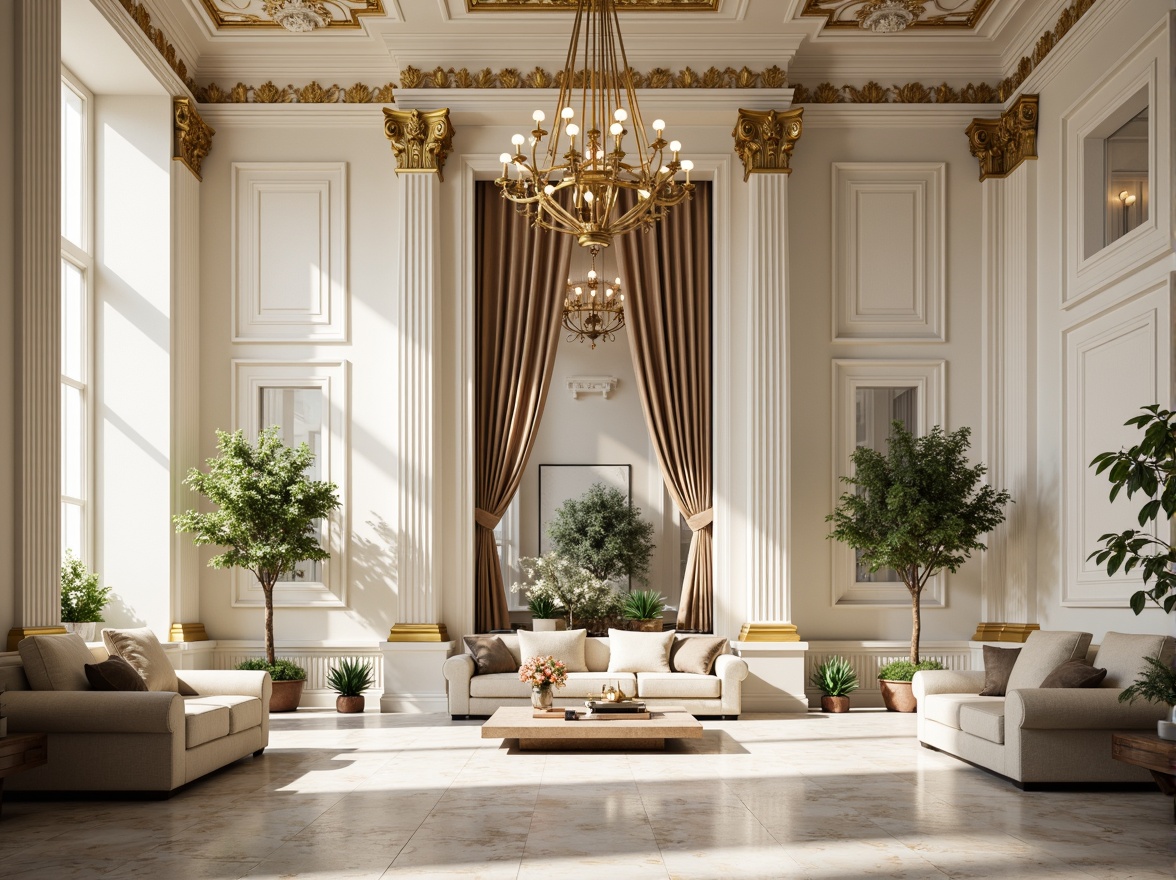 Prompt: Elegant neoclassical facade, ornate details, creamy whites, warm beige, soft grays, rich gold accents, subtle earth tones, luxurious marble textures, intricate moldings, symmetrical compositions, grandiose scale, ornate furnishings, lavish chandeliers, opulent fabrics, natural daylight, soft diffused lighting, shallow depth of field, 2/3 composition, realistic renderings, atmospheric perspective.