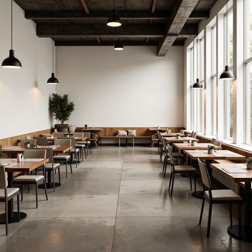 Prompt: Minimalist dining hall, sleek wooden tables, modern metal chairs, simple linen tablecloths, sparse decorative lighting, empty white walls, polished concrete floors, industrial-style ceiling lamps, subtle natural textures, limited color palette, warm soft lighting, shallow depth of field, 3/4 composition, panoramic view, realistic reflections, ambient occlusion.