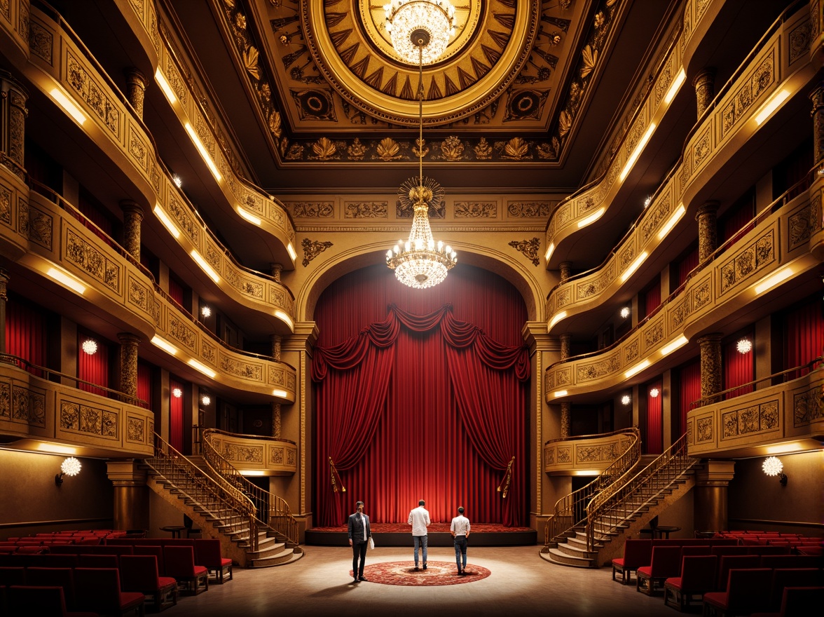 Prompt: Intricate opera house facade, ornate balconies, grand arches, majestic columns, curved staircases, opulent chandeliers, lavish drapery, velvet red curtains, gilded accents, Baroque-inspired details, dramatic spotlights, soft warm illumination, shallow depth of field, 1/1 composition, symmetrical framing, realistic textures, ambient occlusion.