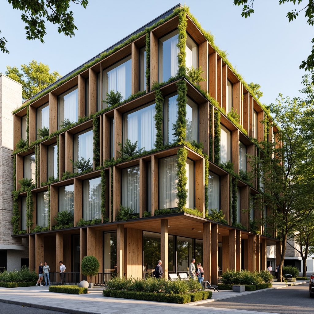 Prompt: Eco-friendly building facade, reclaimed wood accents, living walls with greenery, recycled metal cladding, low-carbon concrete foundation, solar panels integration, wind turbines installation, rainwater harvesting systems, grey water reuse, sustainable urban drainage, permeable pavement, energy-efficient glazing, thermal mass materials, natural ventilation systems, biomimicry-inspired architecture, organic shape forms, earthy color palette, soft diffused lighting, 1/1 composition, shallow depth of field, realistic material textures.