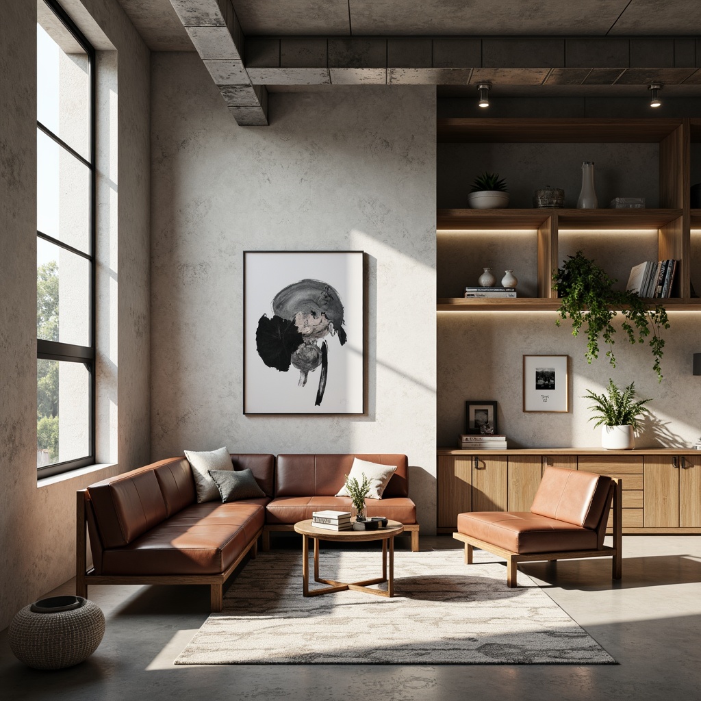 Prompt: Geometric patterns, industrial materials, clean lines, minimalist aesthetics, monochromatic color schemes, functional simplicity, rectangular forms, steel beams, concrete walls, wooden accents, leather upholstery, bold typography, abstract art pieces, neutral backgrounds, natural light, soft shadows, 1/1 composition, cinematic lighting, realistic textures, ambient occlusion.