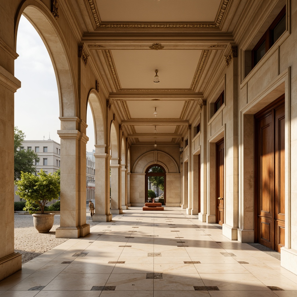 Prompt: Elegant neoclassical facade, warm beige stone walls, ornate columns, curved arches, refined golden details, soft creamy marble floors, rich walnut wood paneling, subtle cream-colored ceilings, muted earthy tones, gentle warm lighting, high-contrast shading, detailed textures, realistic reflections, 1/1 composition, intimate atmospheric perspective.