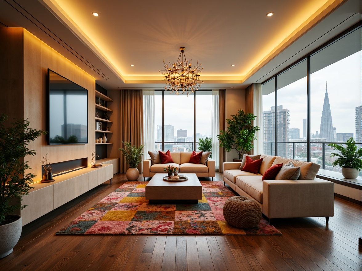 Prompt: Cozy living room, plush sofas, warm beige walls, rich wood flooring, comfortable throw pillows, soft golden lighting, elegant chandeliers, stylish coffee tables, vibrant colorful rugs, lush green plants, modern minimalist decor, floor-to-ceiling windows, panoramic city views, 3/4 composition, shallow depth of field, realistic textures, ambient occlusion.