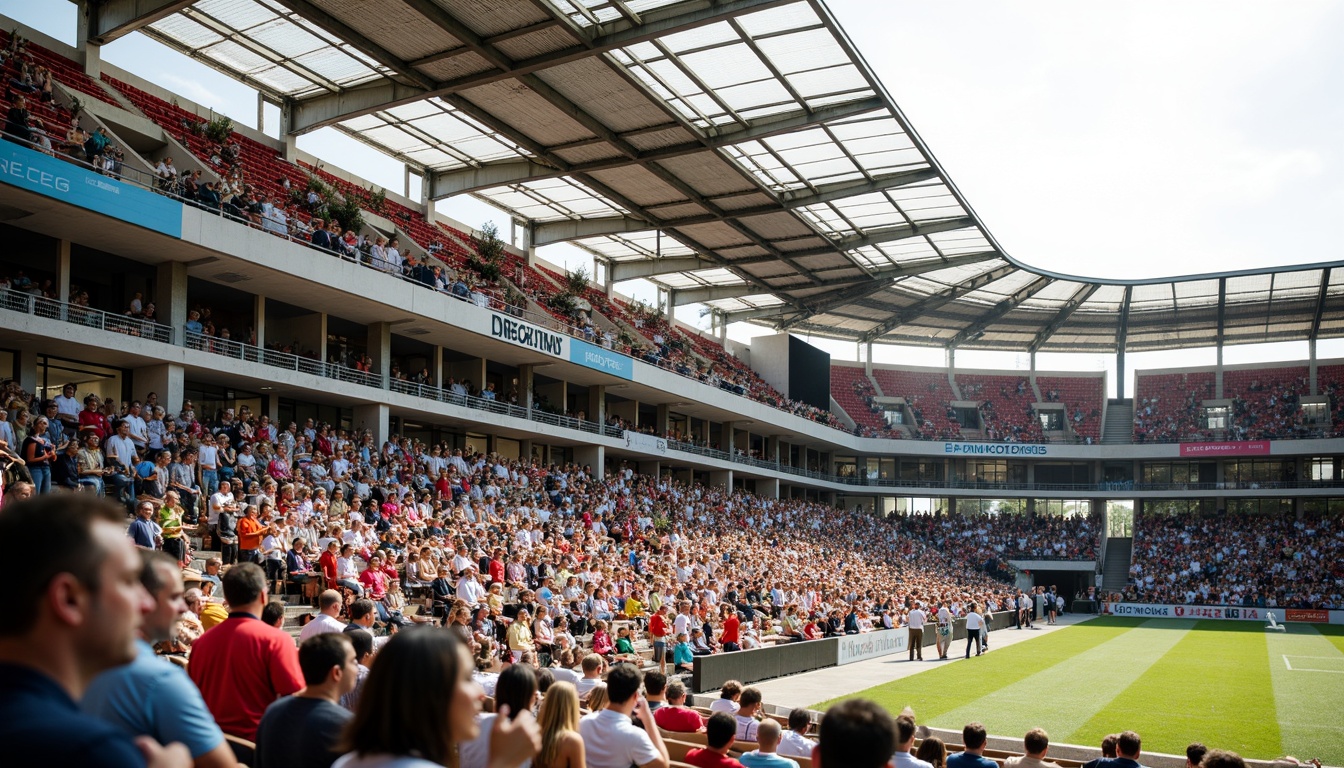 Prompt: Grandstand seating, tiered levels, vibrant audience, excited spectators, comfortable chairs, ample legroom, optimal viewing angles, clear sightlines, sturdy railings, modern stadium design, sleek metal framework, transparent roofs, natural ventilation systems, warm sunny day, soft ambient lighting, shallow depth of field, 3/4 composition, panoramic view, realistic textures, ambient occlusion.