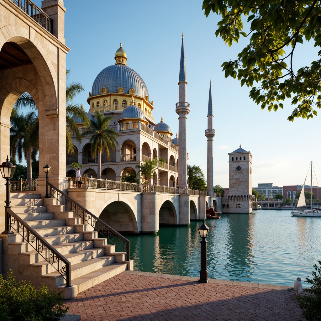 Prompt: Majestic waterfront, Byzantine-style bridge architecture, ornate stone carvings, golden domes, intricate arches, grandiose pillars, rustic brick piers, winding staircases, mystical lanterns, ornamental metal railings, turquoise waters, sailboats, seagulls, sunny afternoon, soft warm lighting, shallow depth of field, 2/3 composition, symmetrical framing, realistic textures, ambient occlusion.