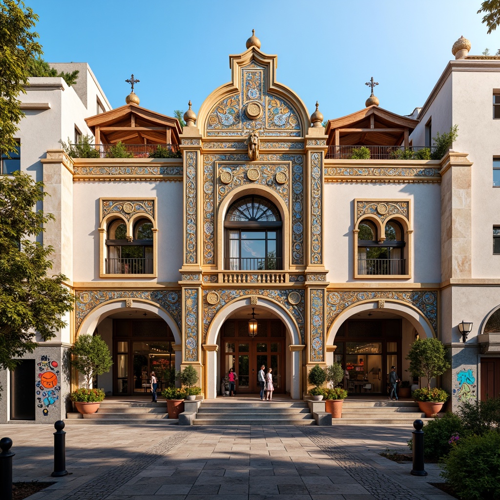 Prompt: Byzantine-inspired youth center facade, ornate stone carvings, vibrant mosaics, arched windows, domed roofs, intricately patterned tiles, warm golden lighting, rustic wooden accents, grand entranceways, symmetrical composition, rich cultural heritage, community-focused architecture, colorful graffiti murals, urban cityscape, afternoon sunlight, soft shadows, 1/1 composition, high contrast, detailed textures.