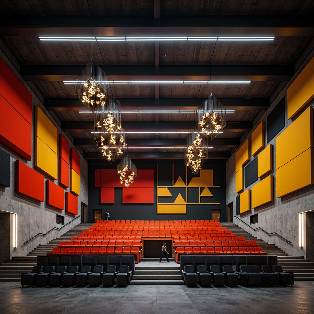 Prompt: Geometric auditorium, bold color blocking, industrial materials, steel beams, concrete walls, minimalist seating, geometric light fixtures, avant-garde chandeliers, acoustic panels, sound-absorbing materials, reverberation control systems, dynamic sound waves, futuristic architecture, asymmetrical composition, high-contrast lighting, dramatic shadows, 1/1 photography, cinematic mood, atmospheric ambiance, realistic textures, ambient occlusion.