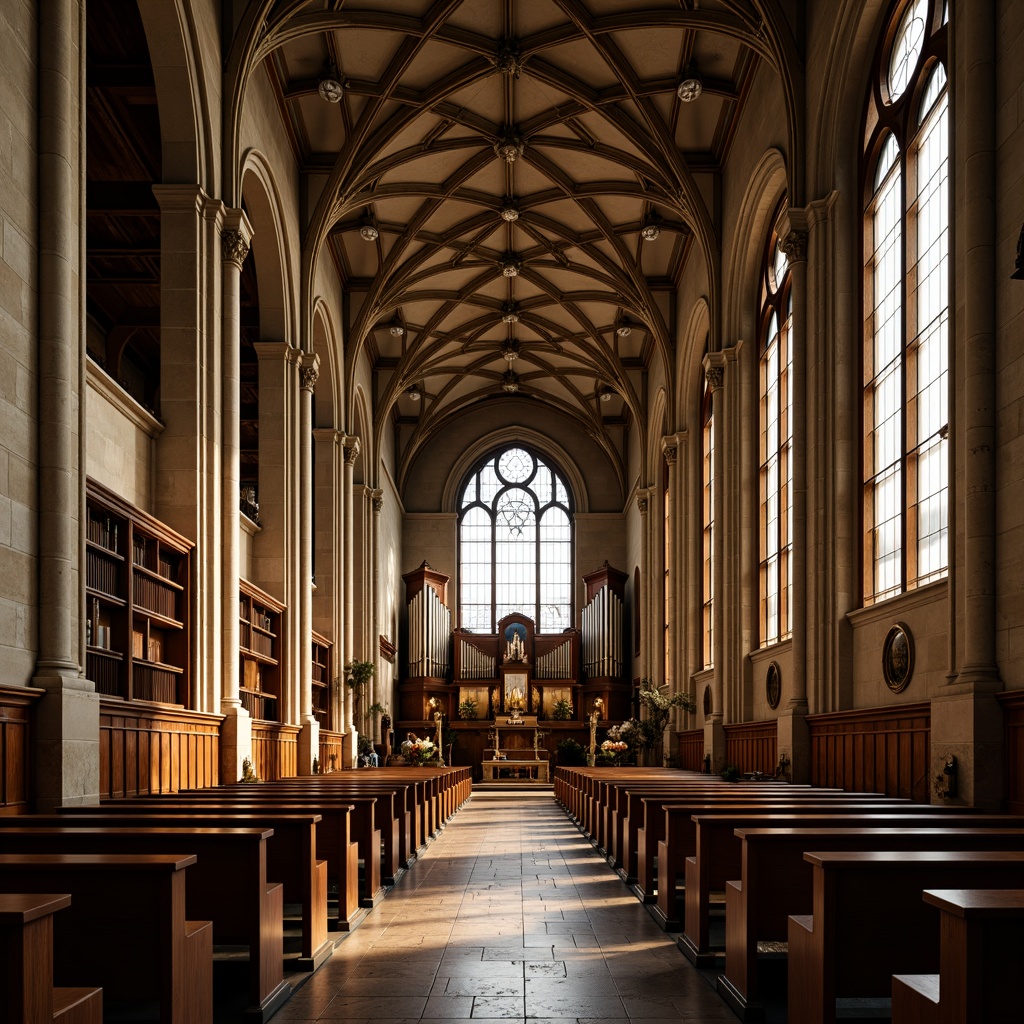 Prompt: Intricate stone carvings, Gothic arches, vaulted ceilings, grandiose stained glass windows, ornate wooden pews, symbolic Christian icons, majestic pipe organs, solemn atmosphere, warm golden lighting, high-angle shots, dramatic shadows, 3/4 composition, symmetrical framing, rich textures, ambient occlusion.