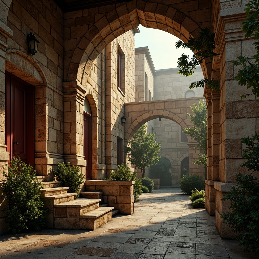 Prompt: Ancient stone bridges, ornate arches, intricately carved stonework, warm golden lighting, rich turquoise accents, deep crimson hues, weathered bronze fixtures, moss-covered stone walls, misty atmospheric effects, soft focus photography, 1/2 composition, dramatic shadows, rustic textures, subtle color grading, Byzantine-inspired architectural details.