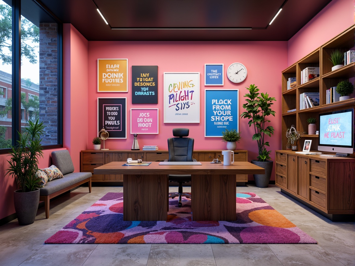 Prompt: Vibrant modern design studio, sleek wooden desk, ergonomic chair, inspirational quotes, colorful artwork, trendy rugs, natural stone flooring, minimalist shelves, creative color swatches, bold typography, pastel hues, neon accents, rich textures, warm atmospheric lighting, shallow depth of field, 2/3 composition, realistic renderings, ambient occlusion.