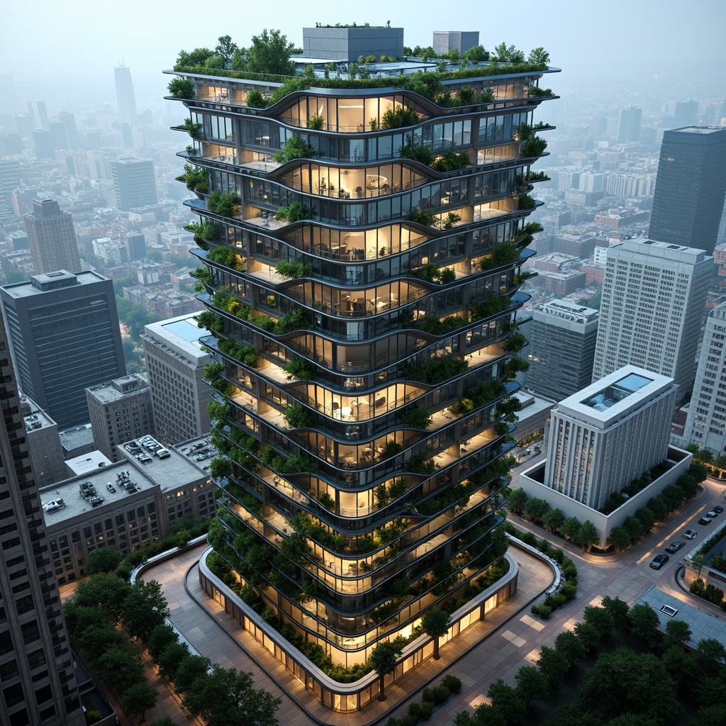 Prompt: Futuristic skyscraper, sleek metallic fa\u00e7ade, verdant green roofs, solar panels, wind turbines, rainwater harvesting systems, eco-friendly materials, minimalist interior design, sustainable energy solutions, advanced water conservation, shaded outdoor spaces, misting systems, panoramic city views, breathtaking vertical gardens, modern angular lines, vibrant neon lighting, shallow depth of field, 3/4 composition, realistic textures, ambient occlusion.