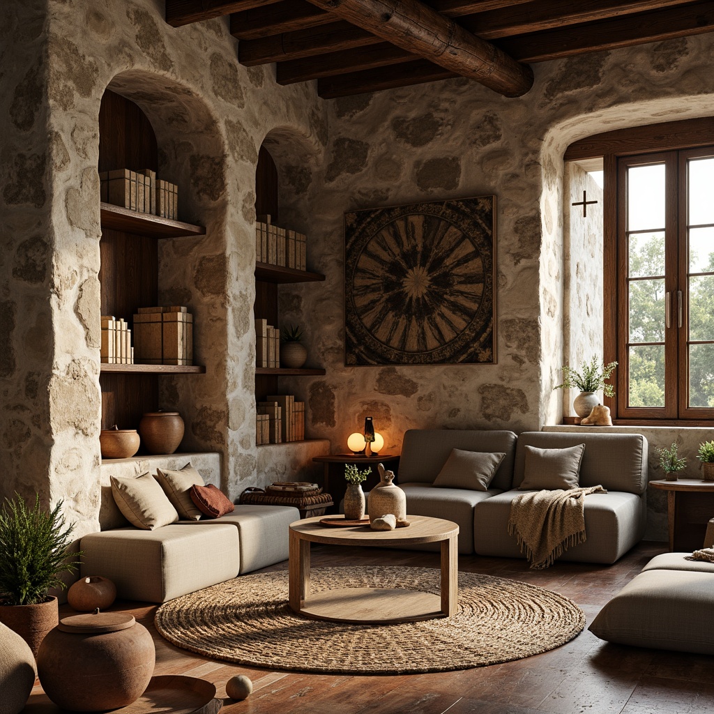 Prompt: Rough stone walls, weathered wood planks, rusty metal accents, natural fiber woven rugs, earthy terracotta pottery, organic forms, tactile experiences, inviting atmospheres, cozy reading nooks, warm candlelight, soft shadows, 3/4 composition, shallow depth of field, realistic textures, ambient occlusion.