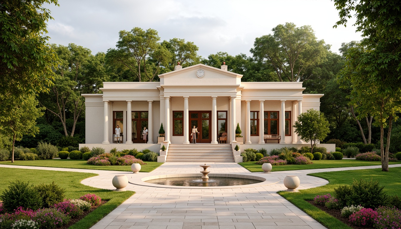 Prompt: Elegant neoclassical building, grand entrance, ornate columns, symmetrical facade, lush greenery, vibrant flowers, manicured lawn, serene fountain, walking paths, natural stone paving, subtle topiary, classical statues, ornamental urns, warm beige stonework, cream-colored marble, soft warm lighting, shallow depth of field, 3/4 composition, panoramic view, realistic textures, ambient occlusion.