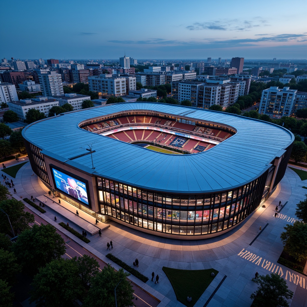 Prompt: Futuristic football stadium, sleek metallic fa\u00e7ade, LED lighting systems, dynamic digital displays, parametric architecture, aerodynamic curves, cantilevered roofs, transparent glass walls, minimalist seating areas, high-tech scoreboards, futuristic lamp posts, neon-lit walkways, evening cityscape, vibrant color scheme, shallow depth of field, 3/4 composition, panoramic view, realistic reflections, ambient occlusion.