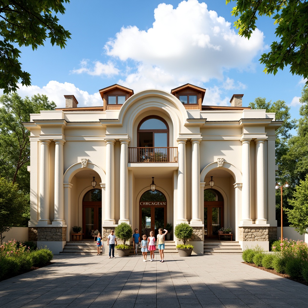 Prompt: Elegant kindergarten facade, ornate classical columns, symmetrical composition, soft cream-colored walls, rustic stone foundations, decorative pediments, grand entrance archways, charming dormer windows, lush greenery, vibrant flower planters, playground equipment, educational signage, natural wood doors, traditional roof tiles, warm sunny day, soft diffused lighting, shallow depth of field, 3/4 composition, panoramic view, realistic textures, ambient occlusion.