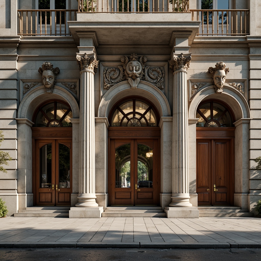 Prompt: Grandiose building facade, ornate columns, intricately carved pediments, symmetrical composition, classical arches, decorative cornices, rusticated stone walls, grand entrance doors, bronze door handles, elegant balustrades, ornamental sculptures, subtle color palette, soft warm lighting, shallow depth of field, 3/4 composition, realistic textures, ambient occlusion.